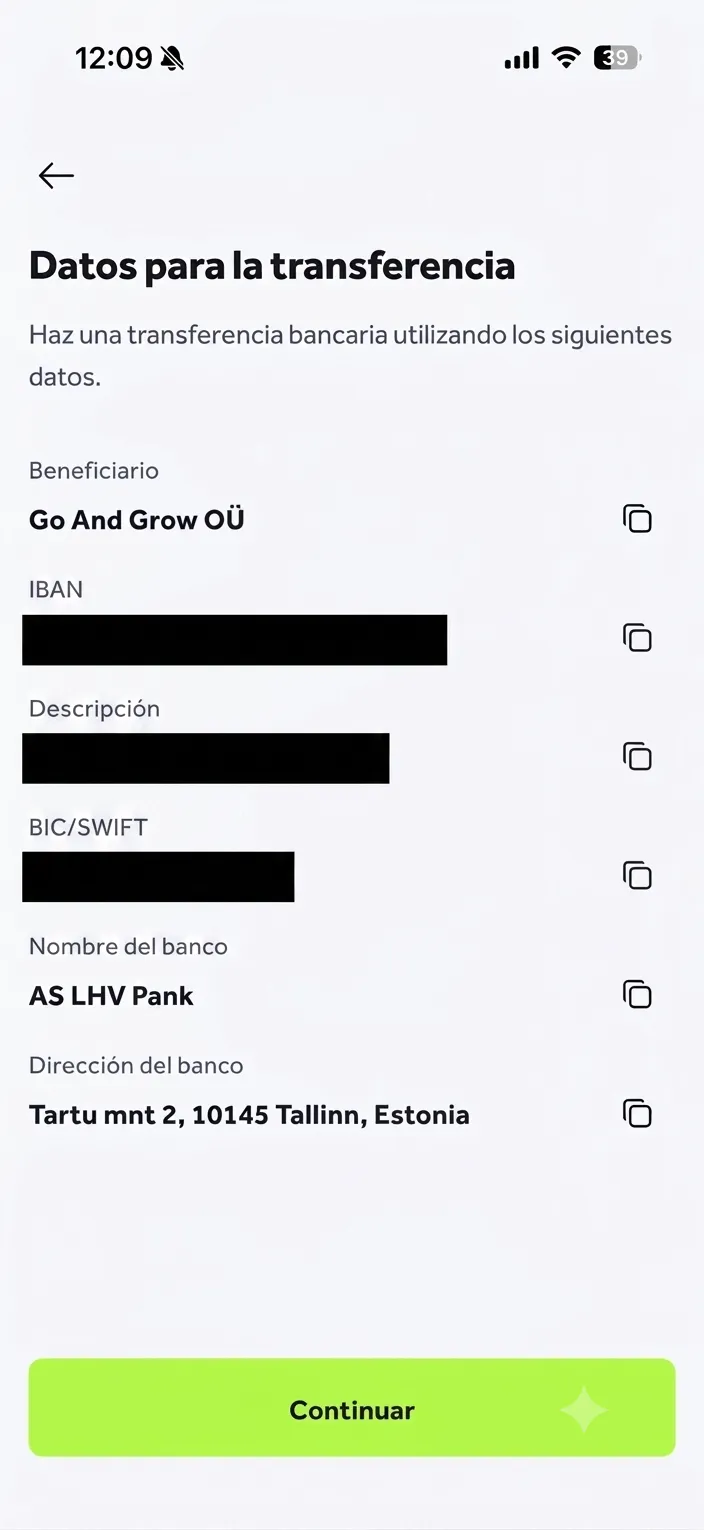 Pantalla de transferencia SEPA en la app de Bondora para hacer el primer ingreso