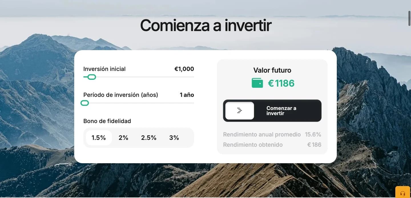 Calculadora de inversión Maclear: 1.000 € invertidos a 1 año con 15,6 % de rendimiento anual generan un valor futuro de 1.186 € con bono de fidelidad