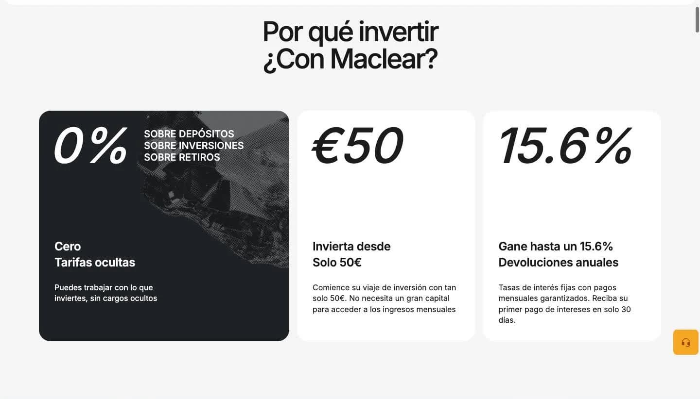 Condiciones de Maclear: 0 % de comisiones sobre depósitos, inversiones y retiros, inversión mínima desde 50 € y hasta 15,6 % de devoluciones anuales