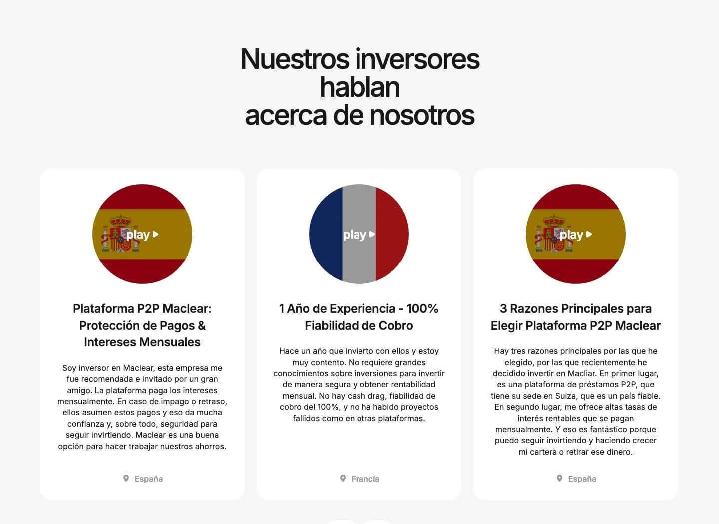 Testimonios de inversores españoles y franceses sobre Maclear: protección de pagos, 100 % fiabilidad de cobro y sede en Suiza como país fiable