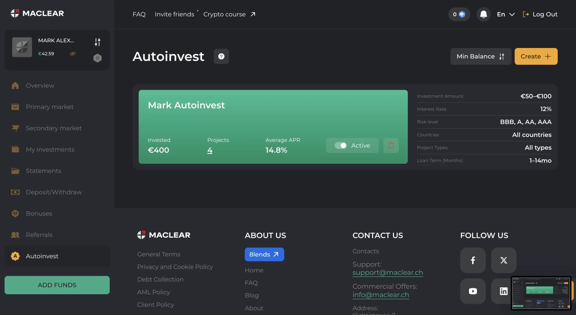 Configuración de Auto-Invest en Maclear: criterios de tipo de interés, plazo, país y rating para automatizar la cartera P2P