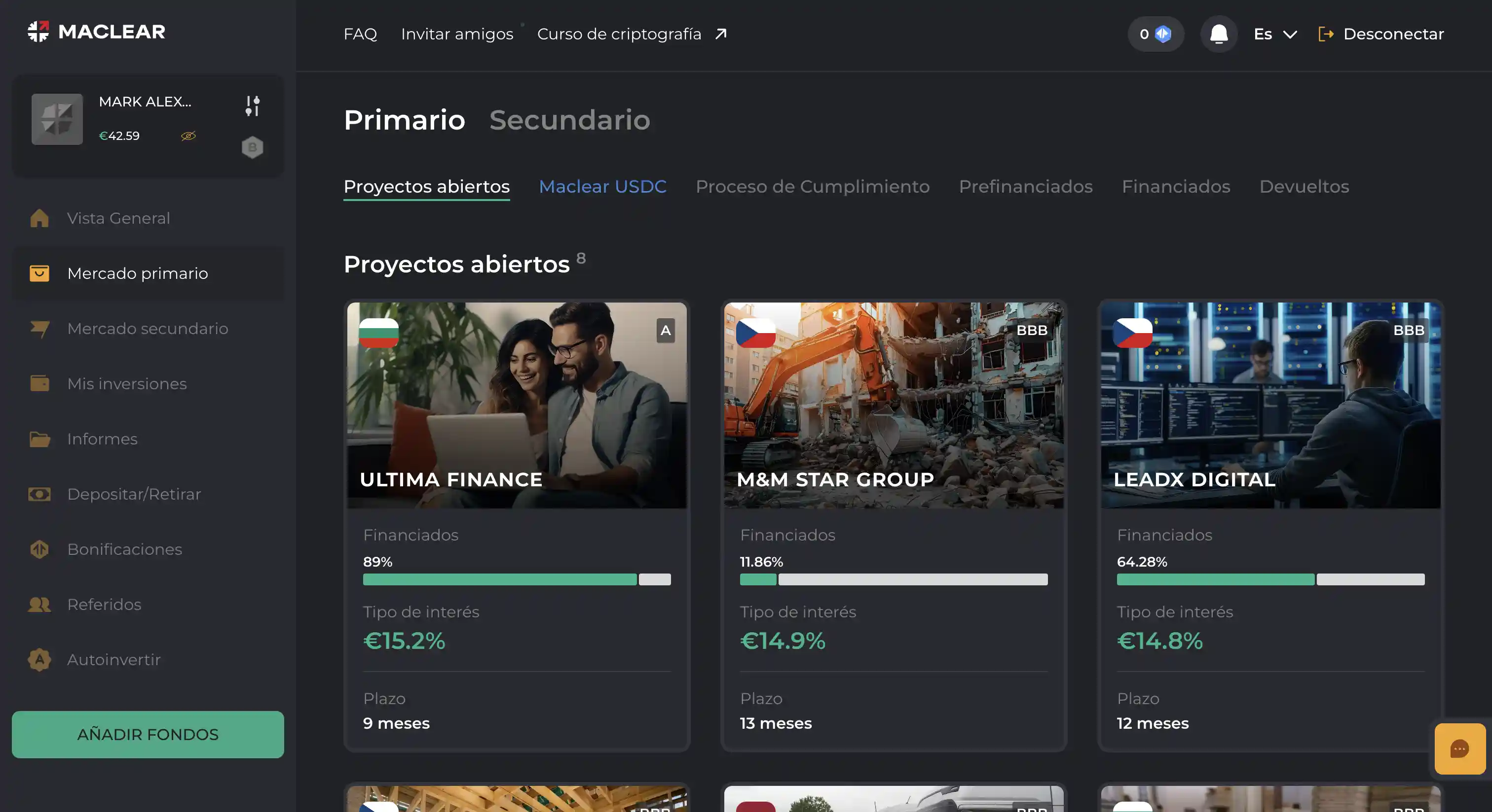 Mercado primario de Maclear: elegir tu primer proyecto con rating, tipo de interés, plazo y garantías reales por préstamo
