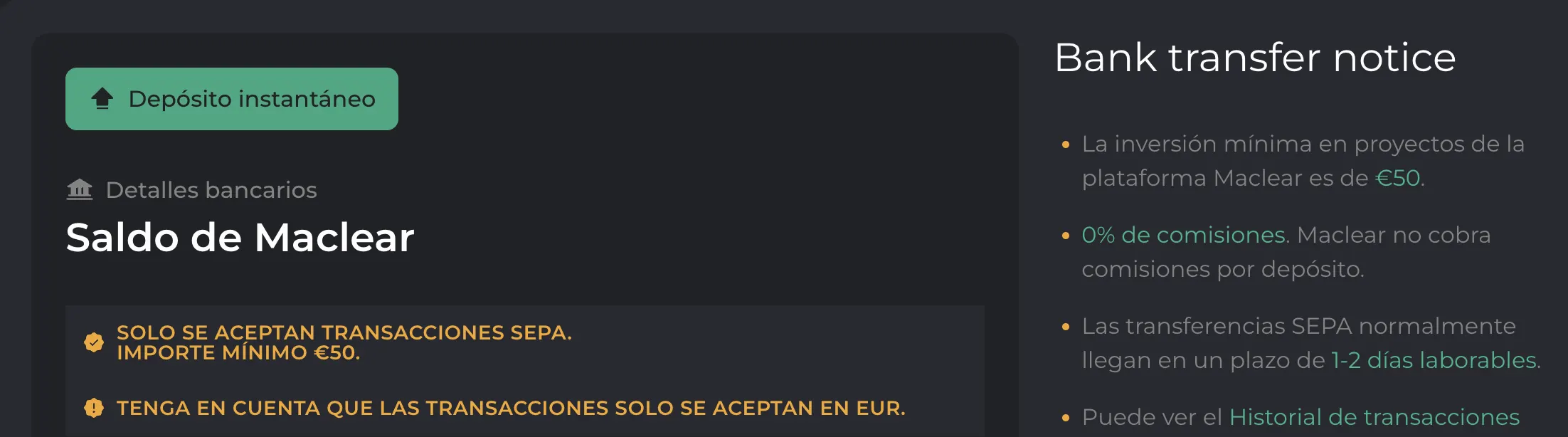 Depósito por SEPA Instant en Maclear: transferencias instantáneas activadas para depósito y retirada inmediatos