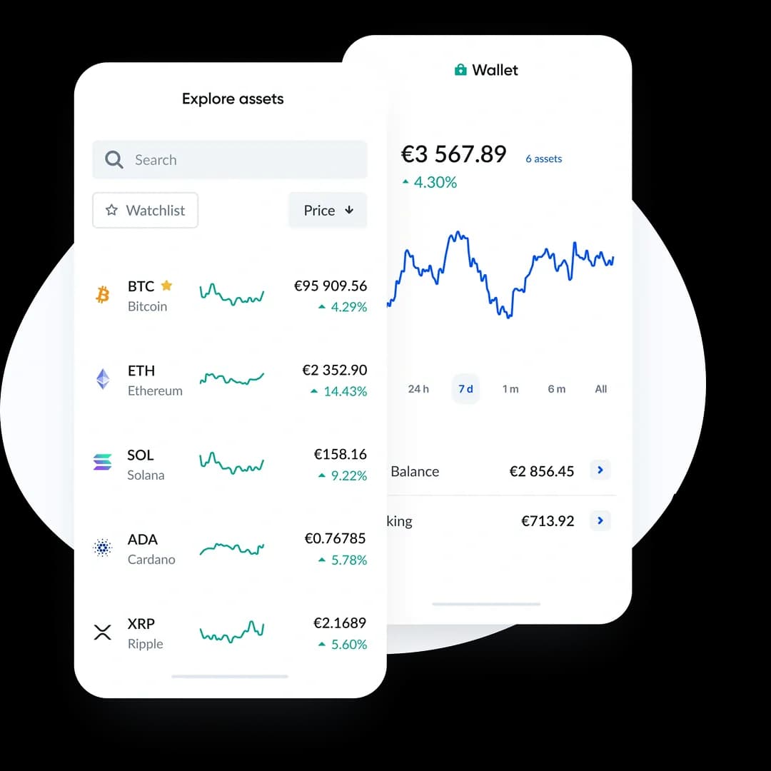 Bitvavo app: catálogo de criptomonedas y vista de cartera