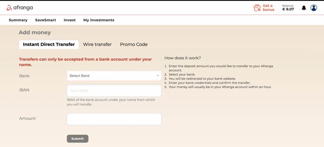 Página de depósito de Afranga con las pestañas de transferencia directa instantánea, transferencia bancaria y código promocional; en la primera se elige banco, IBAN e importe