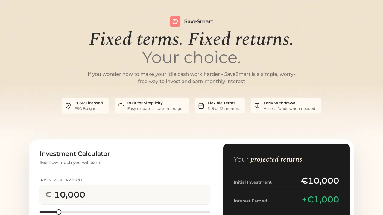 Calculadora de SaveSmart en Afranga con una inversión inicial de 10.000 € y la proyección de rendimiento que calcula la propia herramienta
