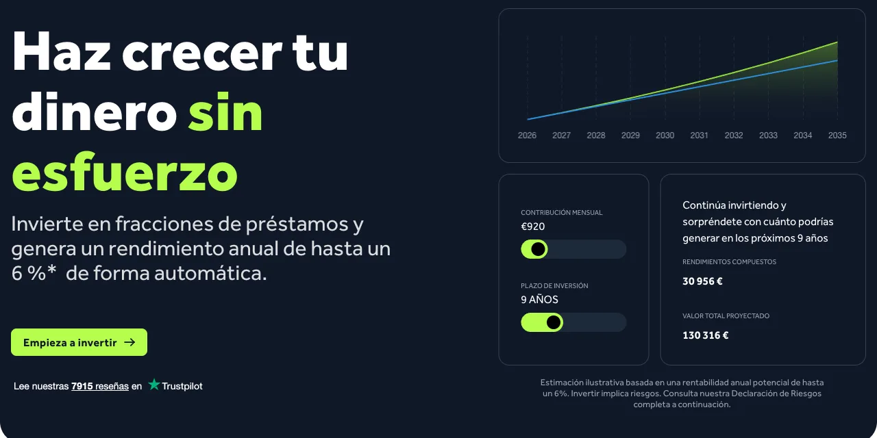 Portada de Go & Grow: rendimiento anual de hasta un 6 % de forma automática y 7.915 reseñas en Trustpilot