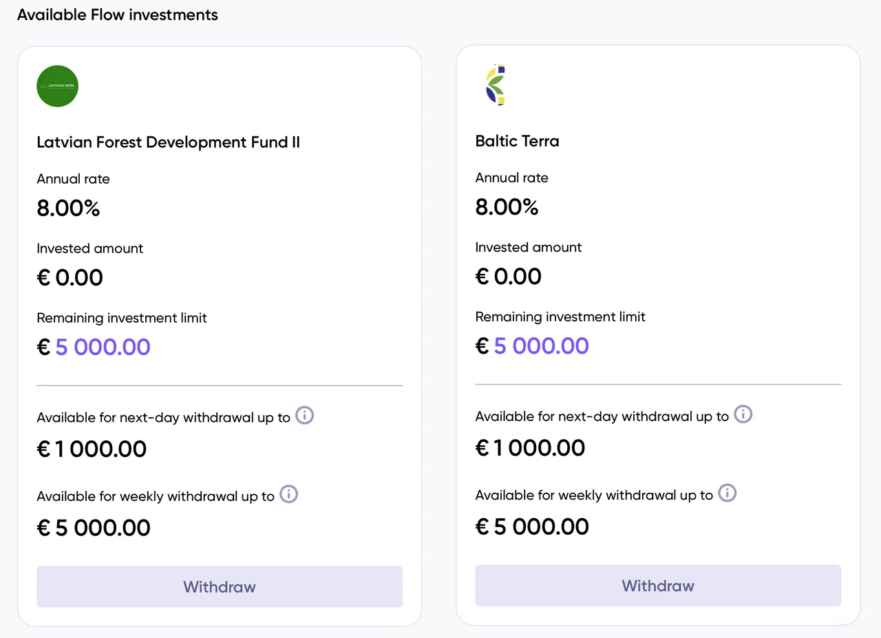 Los dos bonos disponibles en Flow, LFDF II y Baltic Terra, uno al lado del otro con 8,00 por ciento y 5.000 euros de límite cada uno