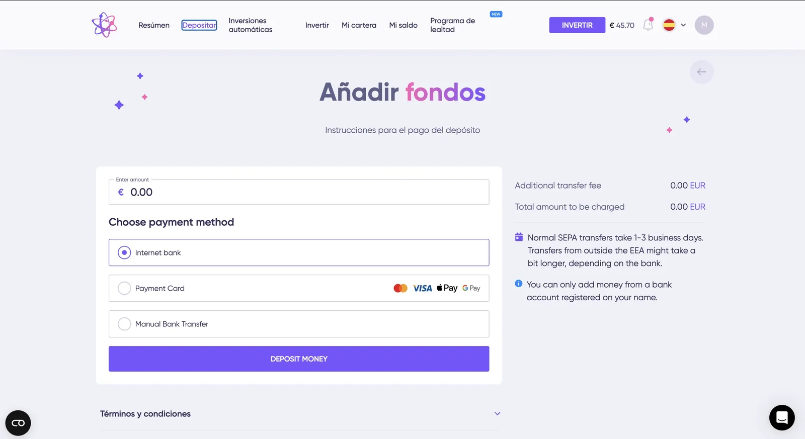 Formulario de añadir fondos en Debitum: importe, Internet bank, Payment Card y Manual Bank Transfer para depósito SEPA