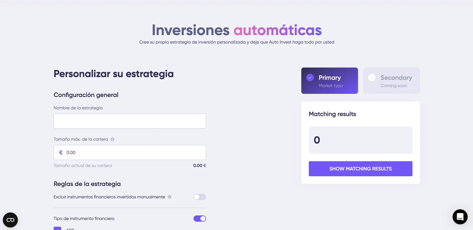 Inversiones automáticas de Debitum: personalizar estrategia con nombre, tamaño máximo de cartera y reglas de instrumento financiero