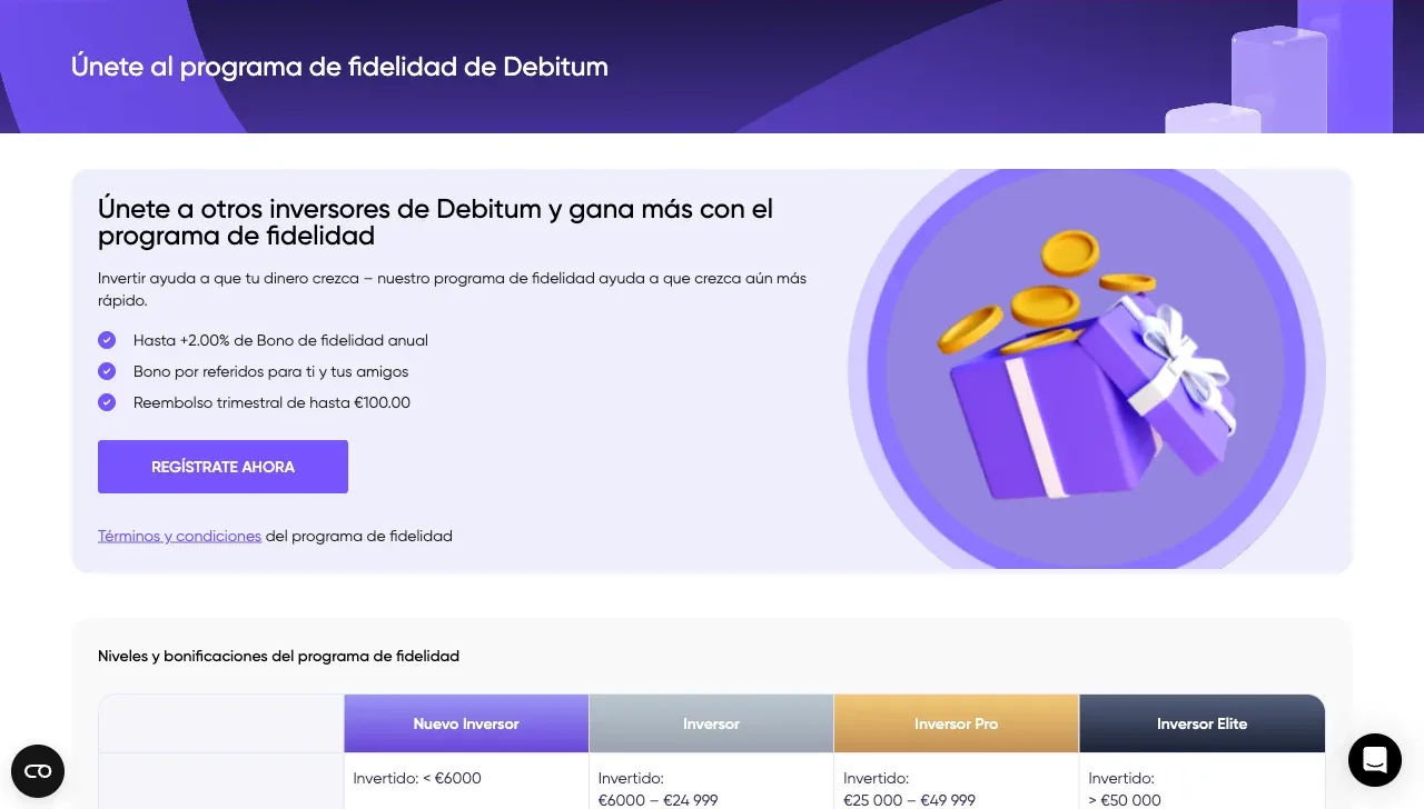 Programa de fidelización de Debitum con 4 niveles y bonus anual hasta 2 % para Inversor Elite