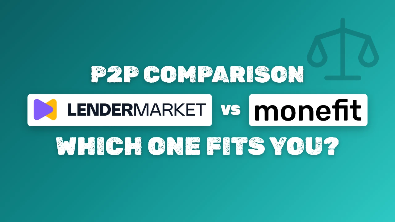 Article cover on a teal gradient with the Lendermarket and Monefit logos side by side, a scale icon and the headline P2P comparison, which one fits you