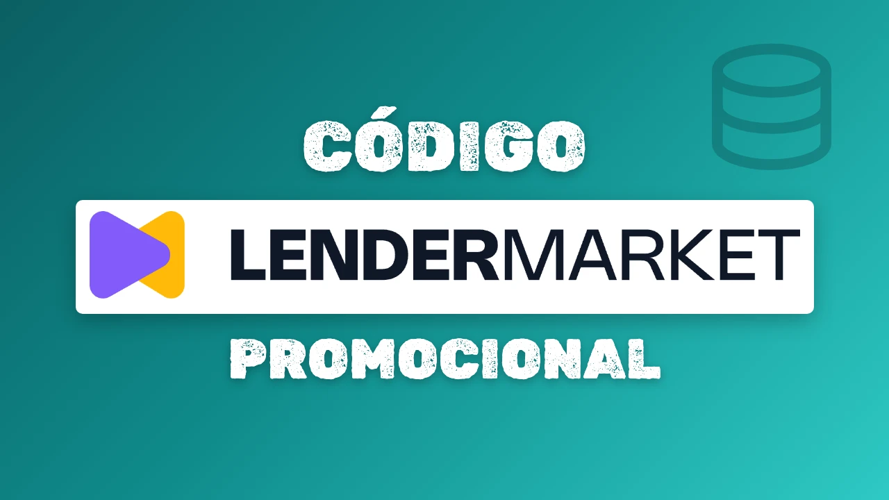 Logotipo de Lendermarket entre las palabras Código y promocional, con monedas sobre un degradado turquesa