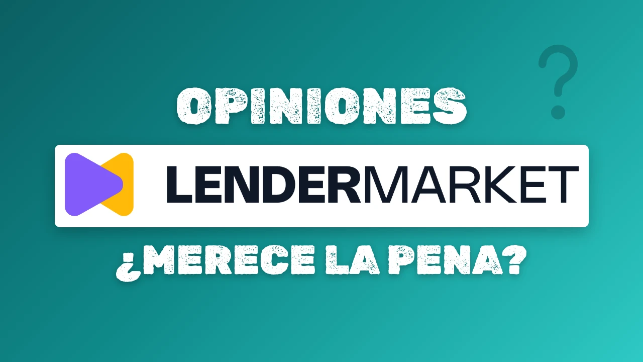 Logotipo de Lendermarket en un recuadro blanco entre los textos Opiniones y ¿Merece la pena? sobre un degradado turquesa