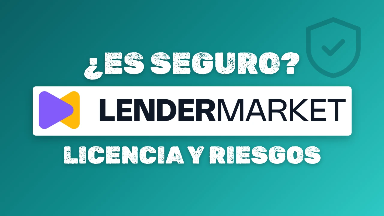 Logotipo de Lendermarket entre los textos ¿Es seguro? y Licencia y riesgos, con un escudo sobre un degradado turquesa