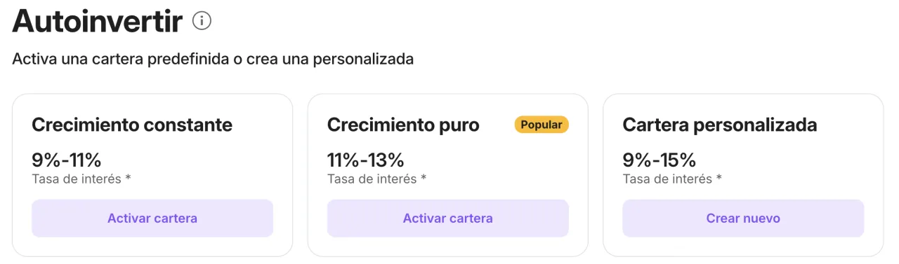 Opciones de inversión automática de Lendermarket en julio de 2026: crecimiento constante, crecimiento puro y cartera personalizada