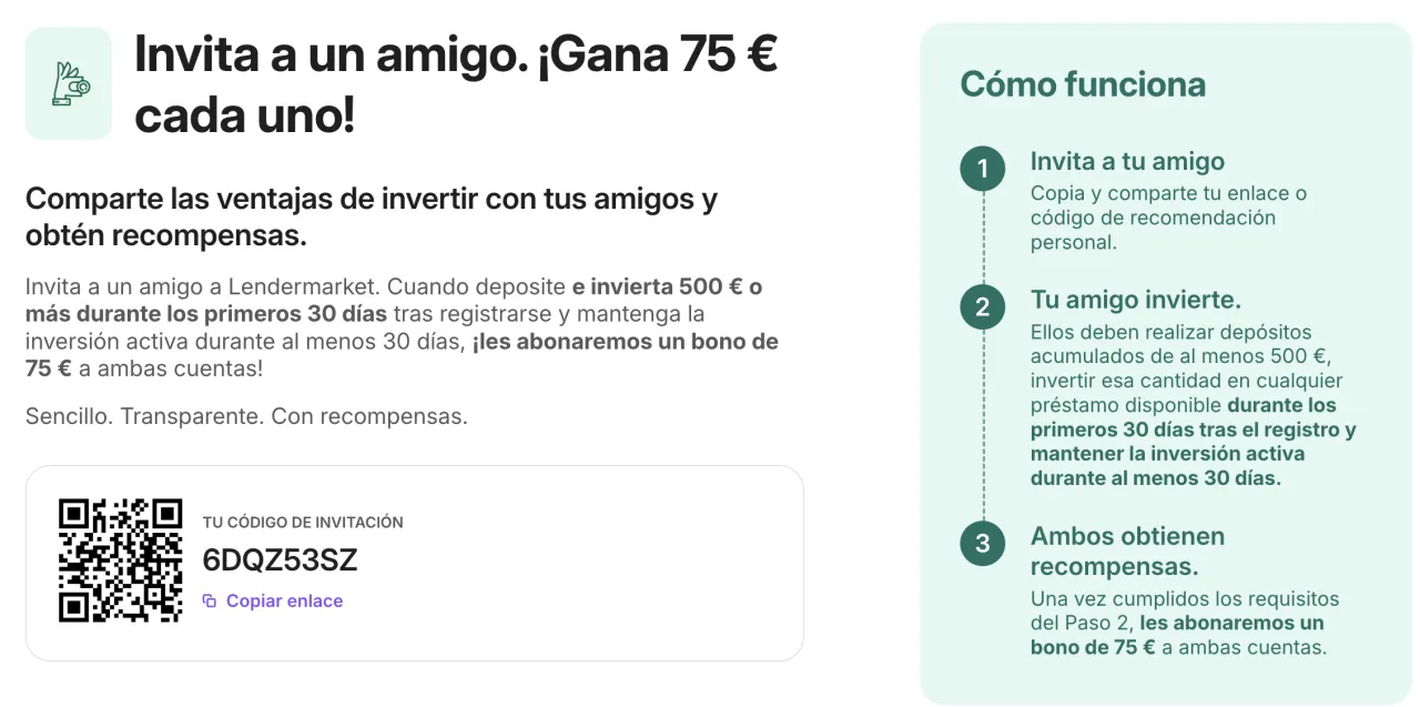 Página Invita a un amigo de Lendermarket: 75 € para cada uno si el amigo invierte 500 € en sus primeros 30 días y mantiene la inversión 30 días