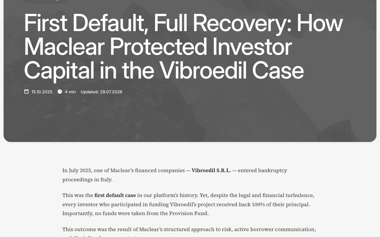 Maclear blog post First Default, Full Recovery: How Maclear Protected Investor Capital in the Vibroedil Case, published 15 October 2025 and updated 29 July 2026