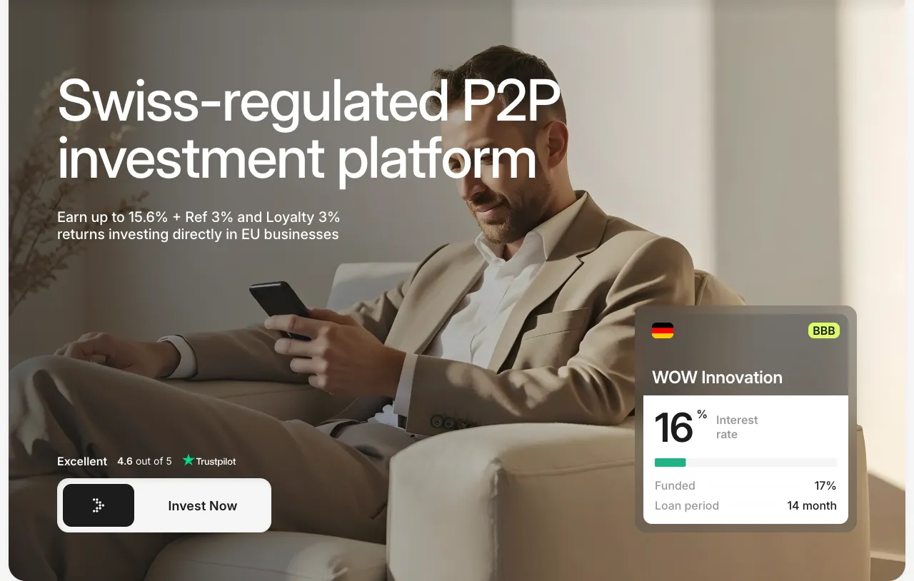 maclear.ch homepage headline Swiss-regulated P2P investment platform, earn up to 15.6% plus 3% referral and 3% loyalty, with a Trustpilot 4.6 out of 5 badge and a WOW Innovation project card at 16%