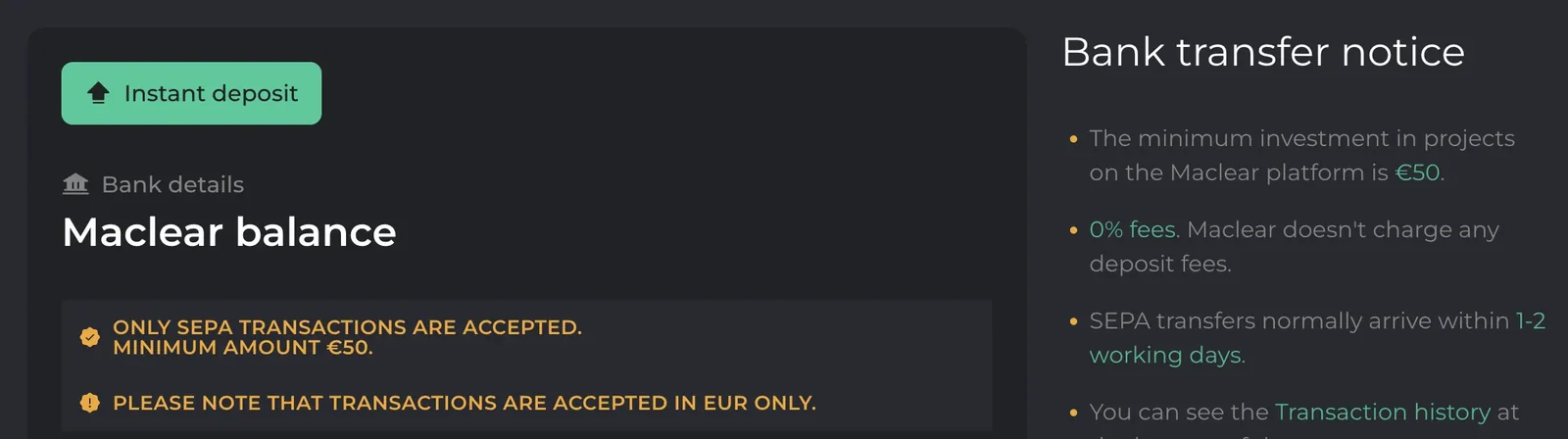 Maclear deposit screen in our own account with the instant deposit button and the bank transfer notice: SEPA transactions only, minimum amount €50, EUR only, no deposit fees, standard SEPA transfers arriving within 1 to 2 working days