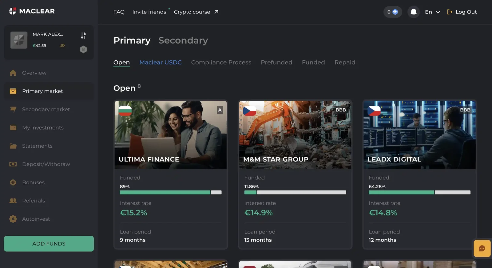 Maclear primary market with 8 open projects, including ULTIMA FINANCE (Bulgaria, rating A, 15.2%, 9 months, 89% funded) and two Czech BBB projects at 14.9% and 14.8%
