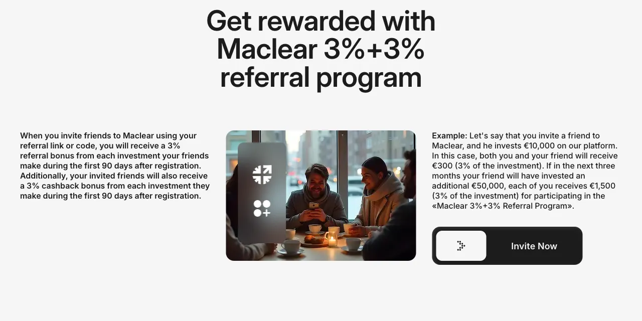 Maclear 3%+3% referral programme page: the inviting investor receives a 3% referral bonus and the invited friend receives a 3% cashback bonus on every investment made in the first 90 days after registration, with a worked example of €300 each on a €10,000 investment