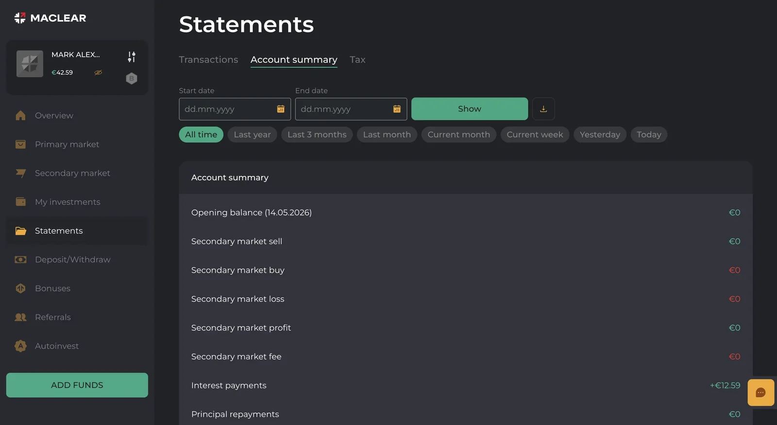 Maclear Statements page from our own account with the tabs Transactions, Account summary and Tax, showing an account summary with interest payments of €12.59