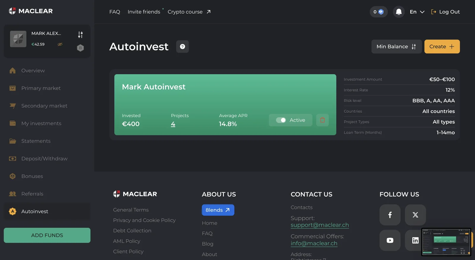 Configuración de Auto-Invest en Maclear: criterios de tipo de interés, plazo, país y rating para automatizar la cartera P2P