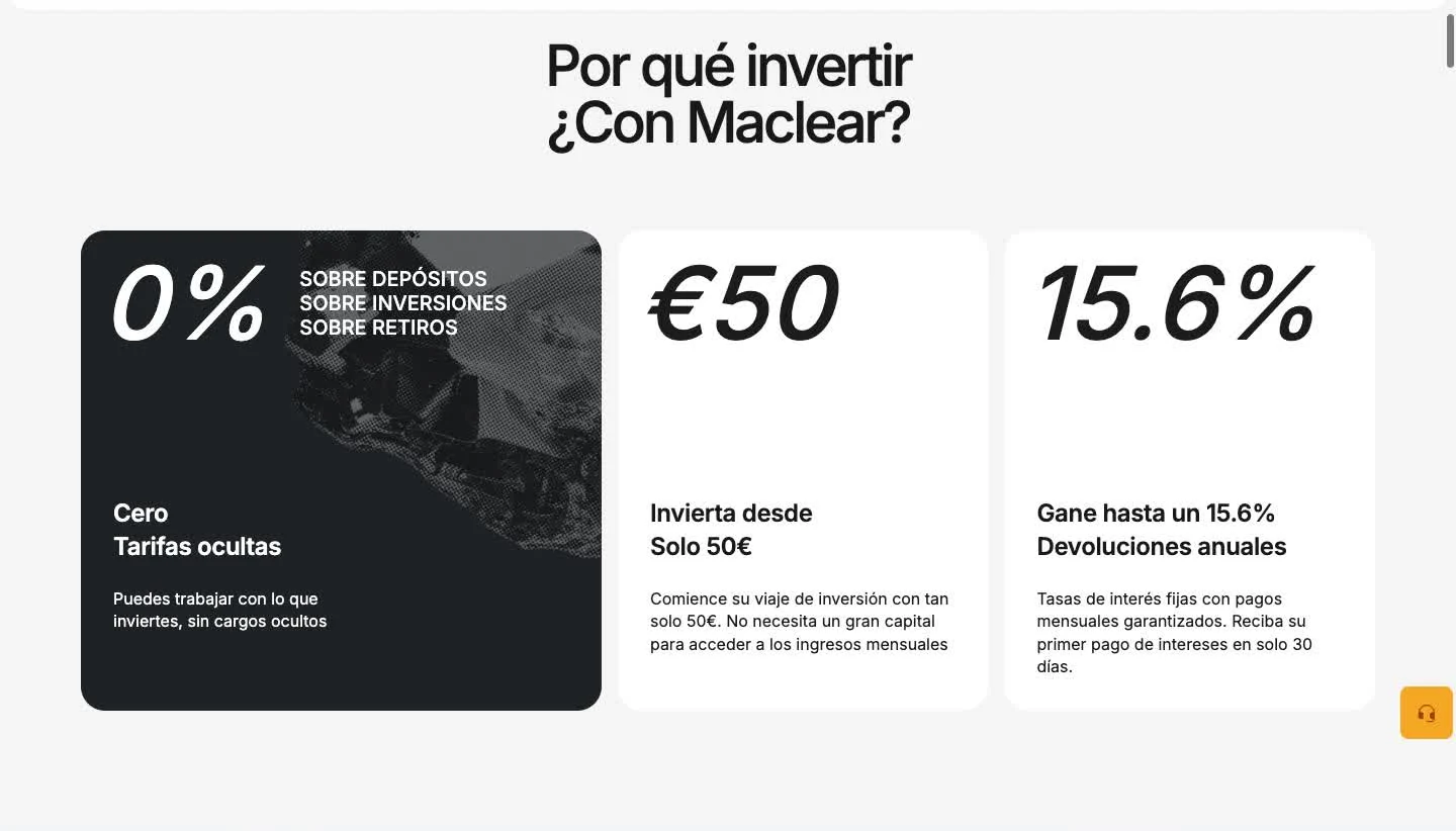 Condiciones de Maclear: 0 % de comisiones sobre depósitos, inversiones y retiradas, inversión mínima desde 50 € y hasta 15,6 % de rentabilidad anual