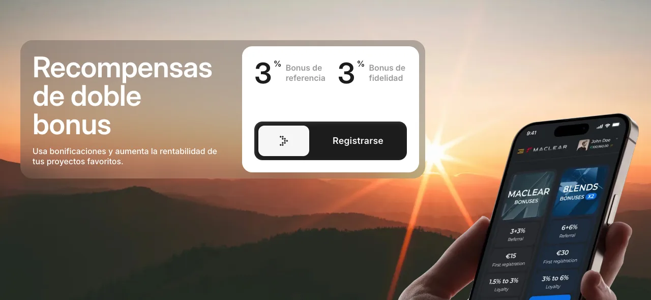 Sección de recompensas de doble bonus en la web de Maclear en español: 3 % de bonus de referencia y hasta 3 % de bonus de fidelidad