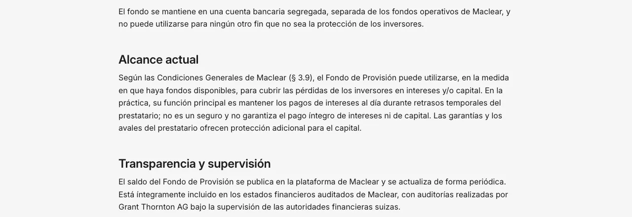 FAQ oficial de Maclear: cómo se dota el Provision Fund con el 2 % de cada proyecto y qué cubre en caso de retraso en los pagos