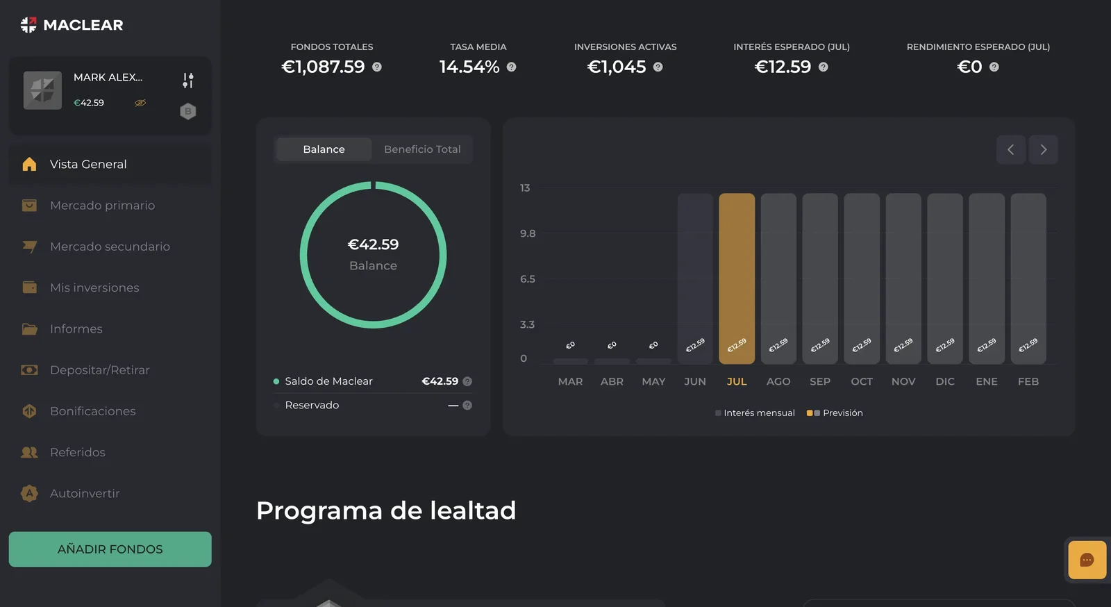 Panel de cuenta de Maclear tras el registro: saldo, cartera activa y accesos rápidos a depósito e inversión