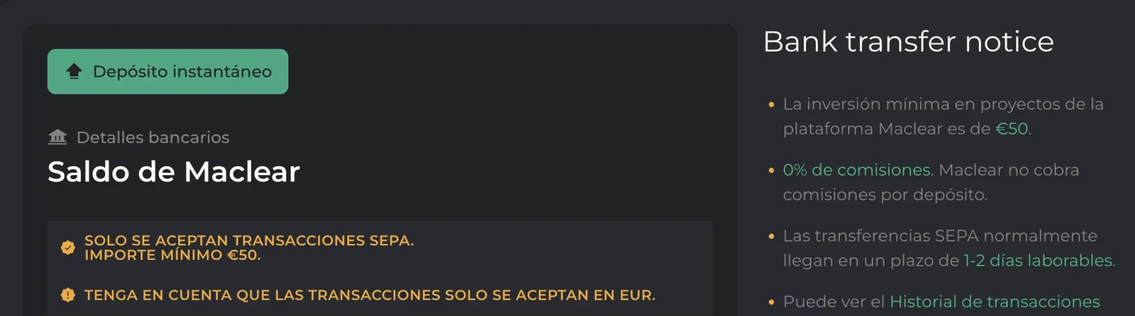 Depósito por SEPA Instant en Maclear: transferencias instantáneas activadas para depósito y retirada inmediatos