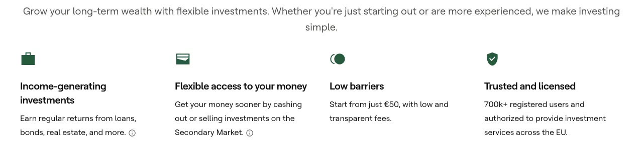 The Mintos homepage in English listing income-generating investments, flexible access, low barriers and licensing