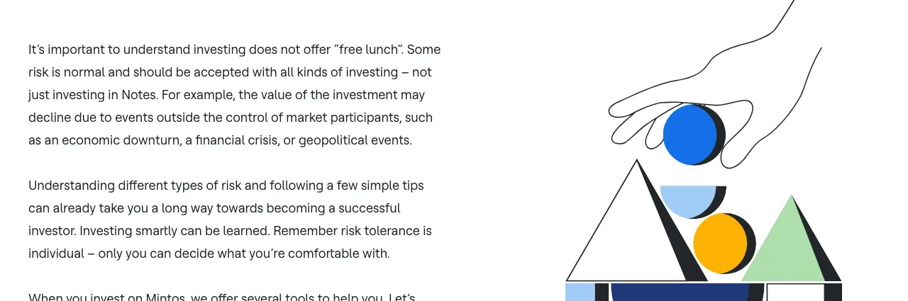 The Mintos security page in English explaining that investing does not offer a free lunch and that some risk is normal