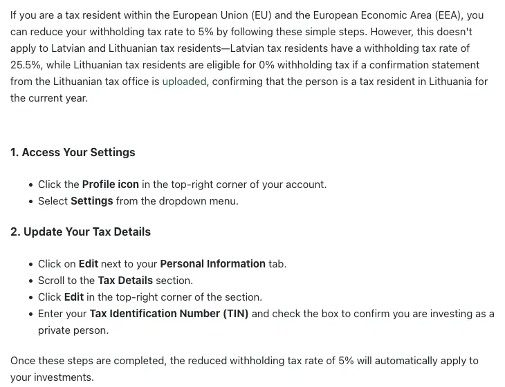 Mintos help centre article in English explaining how EU and EEA tax residents reduce the withholding tax rate to 5%, with Latvian residents staying at 25.5% and Lithuanian residents able to reach 0%
