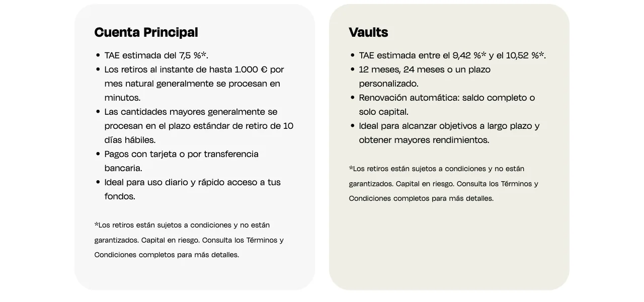Comparativa de Monefit entre cuenta principal y Vaults: 7,5 % TAE con retiradas en minutos o 9,42 a 10,52 % a 12 o 24 meses