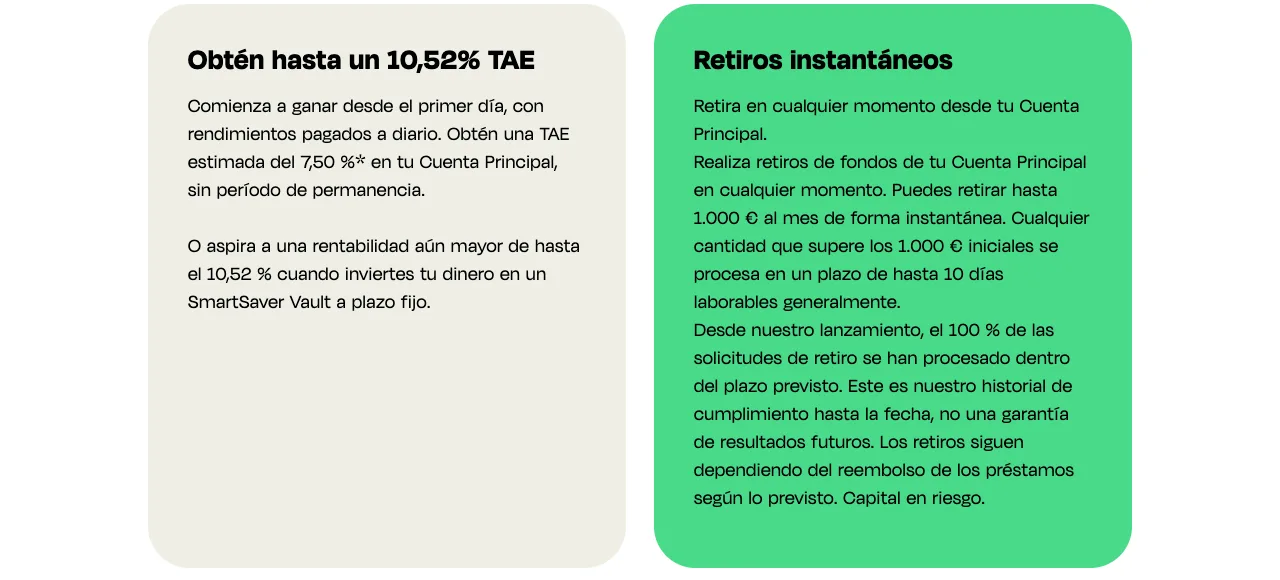 Captura de Monefit: hasta 10,52 % TAE en Vaults, 7,50 % en la cuenta principal y retiradas instantáneas de hasta 1.000 € al mes, según la propia plataforma