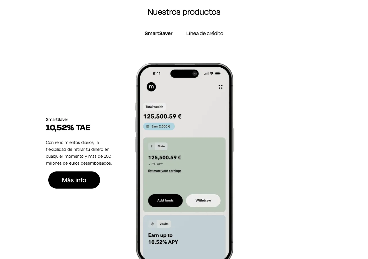 App de Monefit SmartSaver: 7,5 % TAE en la cuenta principal y hasta 10,52 % en Vaults