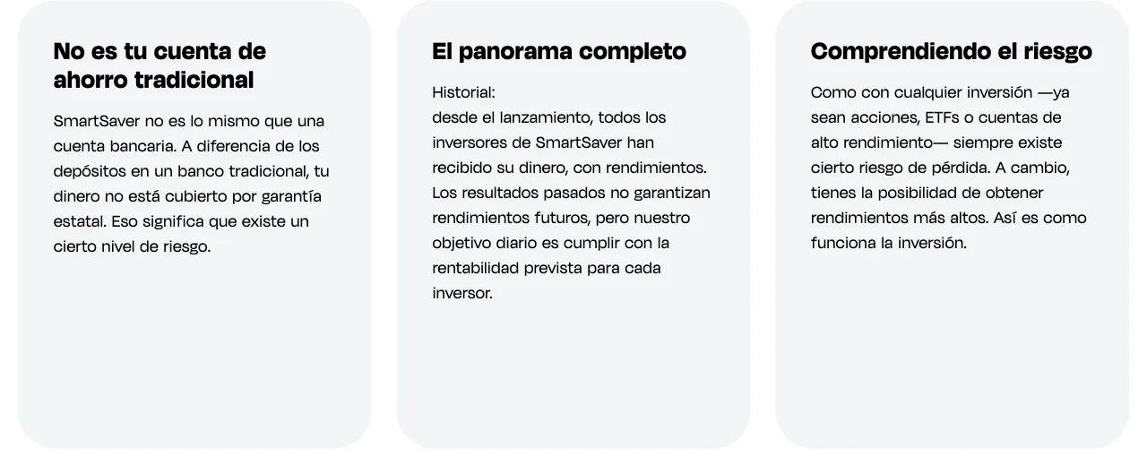 Monefit SmartSaver explica que no es una cuenta de ahorro tradicional: dinero sin garantía estatal y cierto riesgo de pérdida