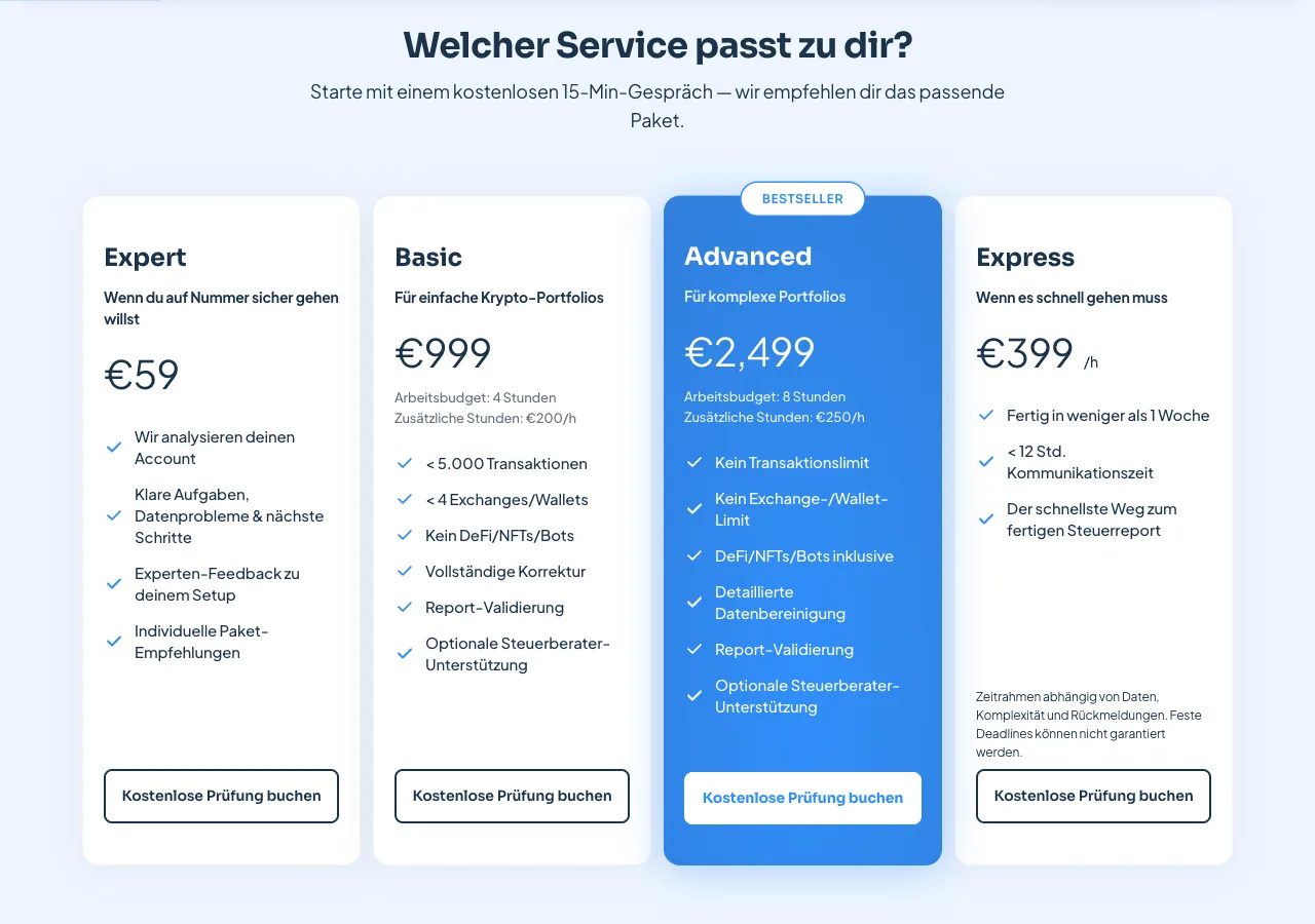 Planes de CoinTracking Full-Service como alternativa al asesor fiscal cripto: precio base por paquete en lugar de horas de asesoría