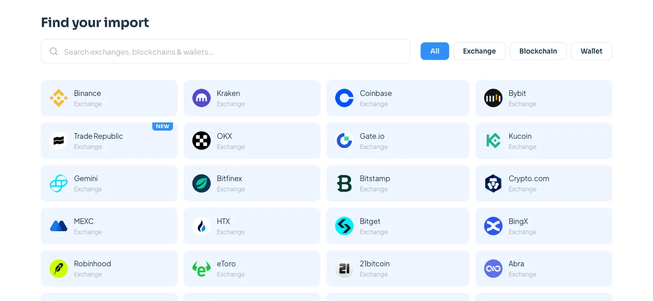 Buscador de importaciones de CoinTracking con Binance, Kraken, Coinbase, Bybit y más de 400 integraciones