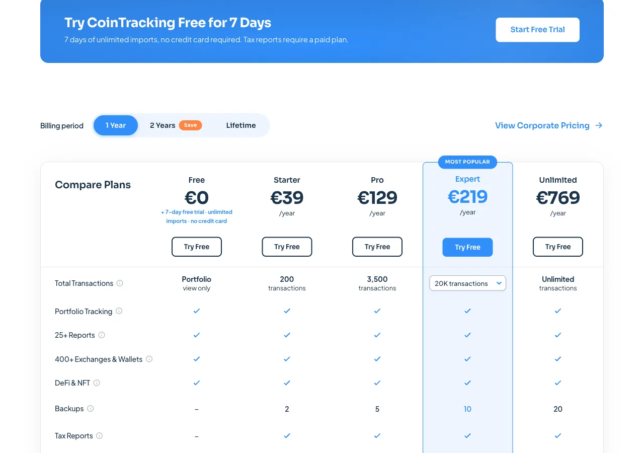 Planes de CoinTracking: Free, Starter 39 €, Pro 129 €, Expert 219 € y Unlimited 769 € al año