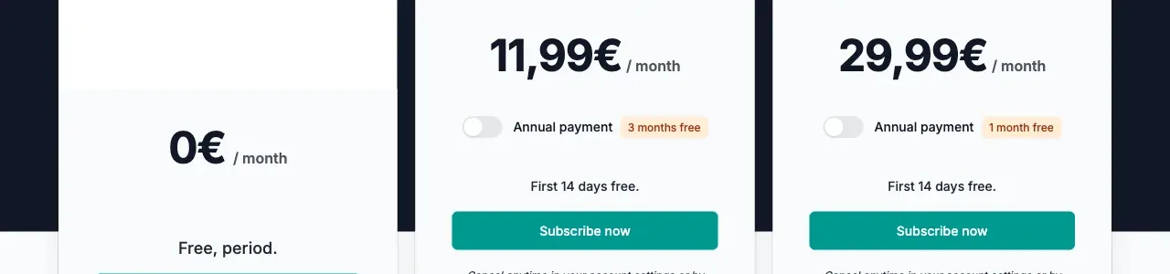 Parqet pricing strip showing 0 euros for Basic, 11.99 euros for Plus and 29.99 euros for Investor per month