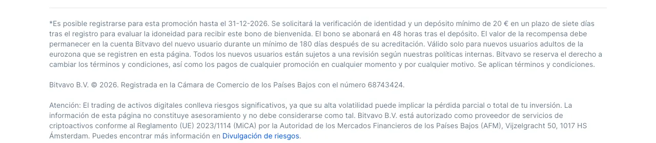 Condiciones del bonus de Bitvavo: registro hasta el 31-12-2026, depósito mínimo de 20 € en 7 días, abono en 48 horas y bloqueo del bonus durante 180 días