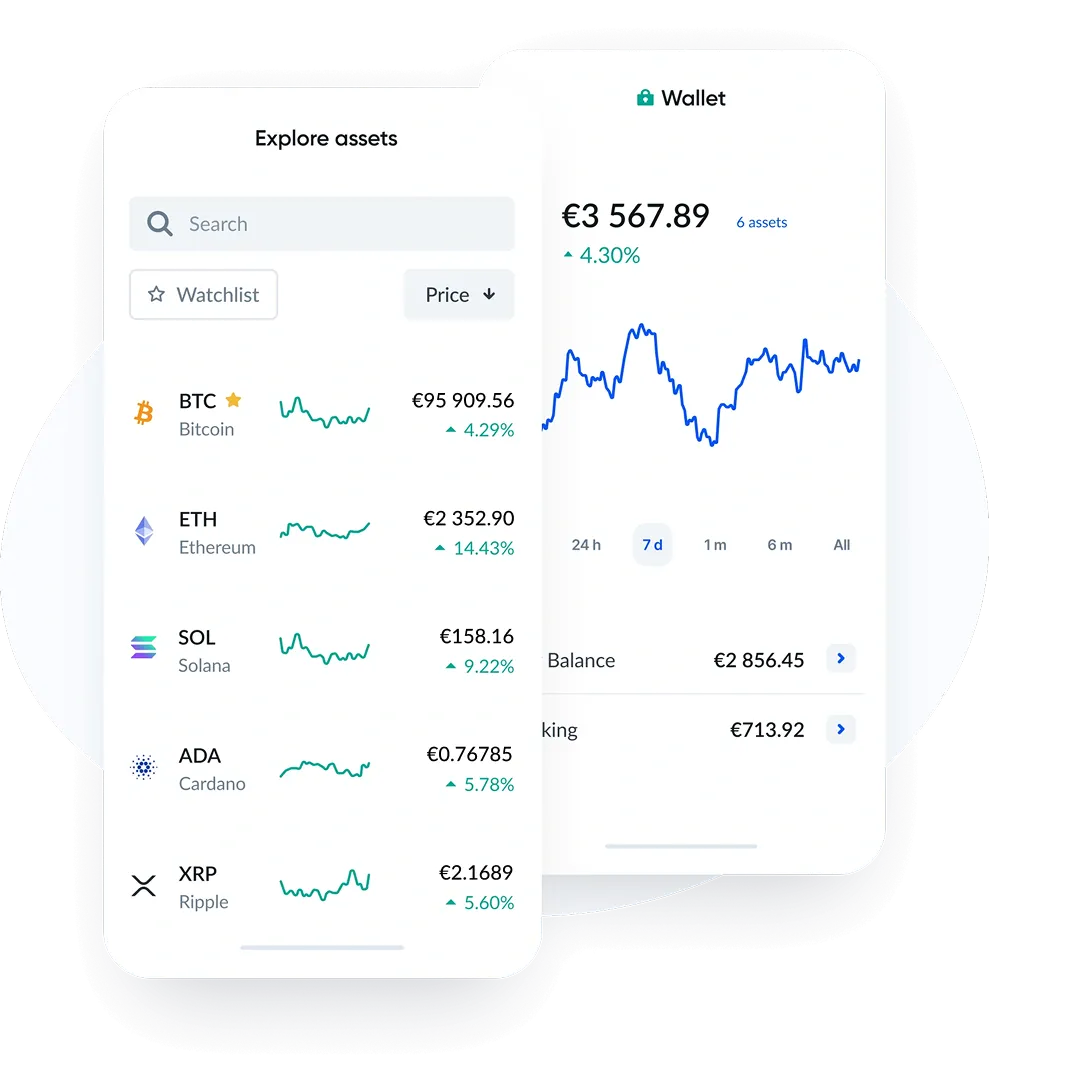 Bitvavo app: catálogo de criptomonedas y vista de cartera
