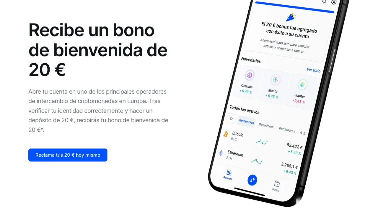 Landing de Bitvavo para financearena: bonus de bienvenida de 20 € tras verificar la identidad e ingresar 20 €