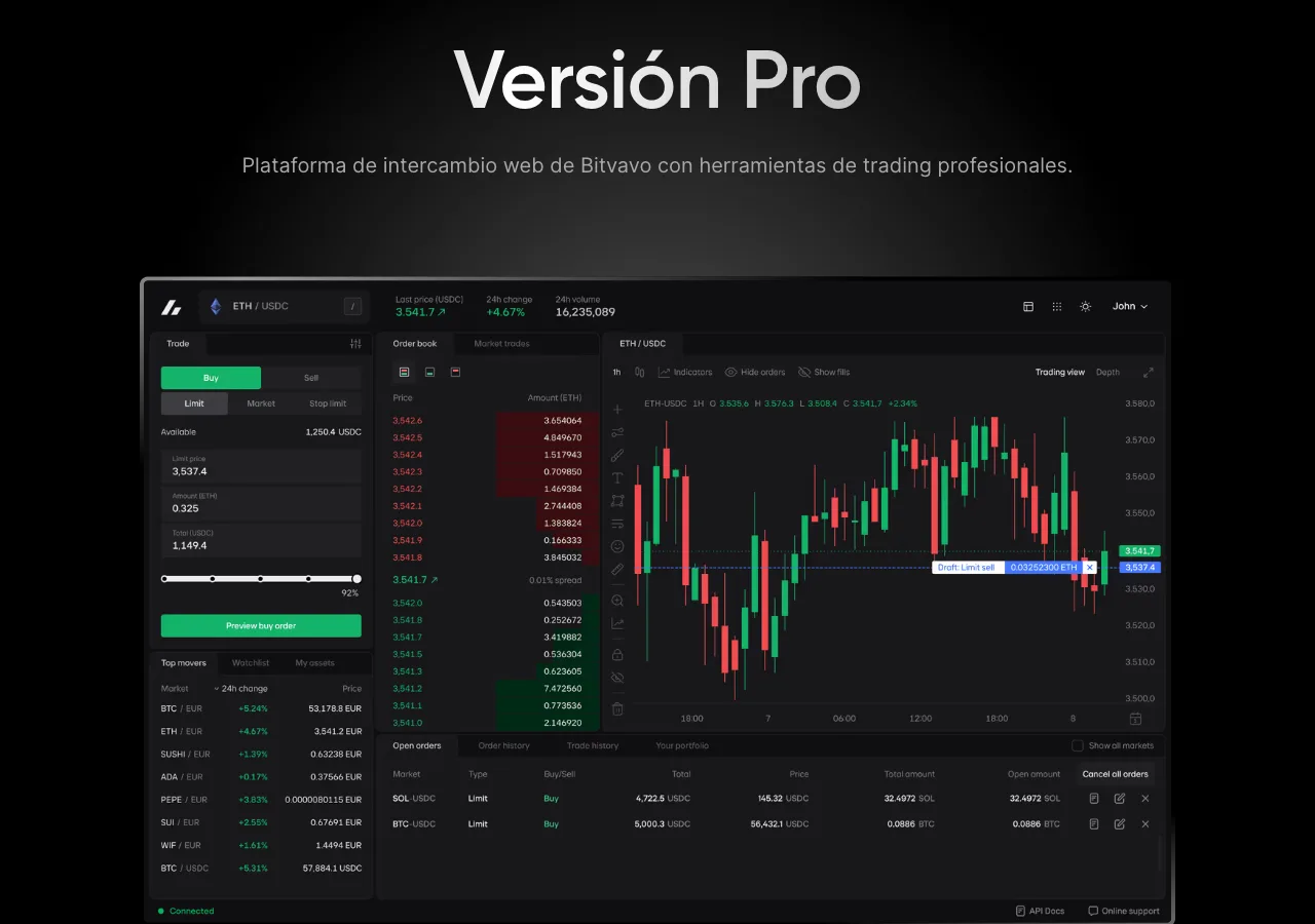 Versión Pro de Bitvavo (interfaz en inglés): libro de órdenes, gráfico de velas y panel de órdenes