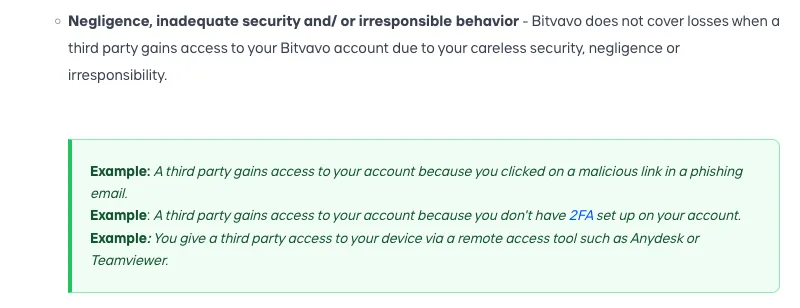 Part of Bitvavo's Account Guarantee help page listing negligence and inadequate security as not covered, with examples: a phishing link, no 2FA set up and a remote access tool such as AnyDesk or TeamViewer