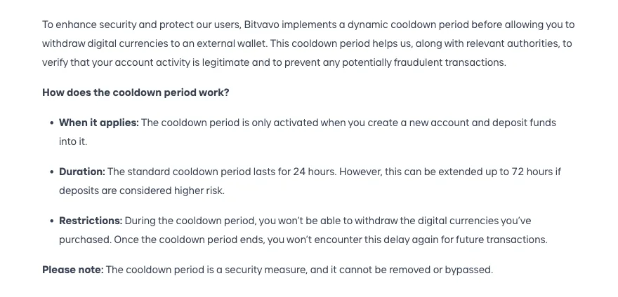 Bitvavo help centre page on the cooldown period: 24 hours, up to 72 hours for higher-risk deposits, applied to new accounts after a first deposit